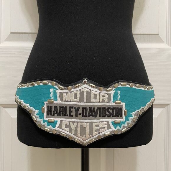 Vintage Harley Davidson Motor Cycles Leather Belt Studs Chain Biker RARE Painted main image 11